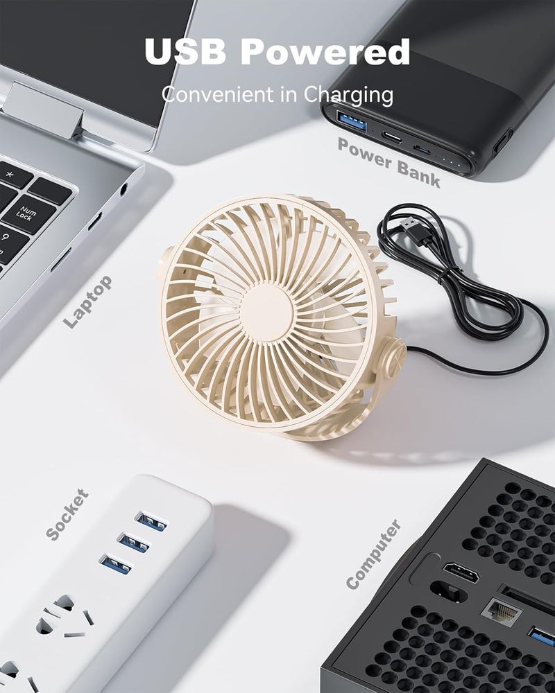 Edvision USB Desk Fan, 5 Inch Mini Portable, 3 Speeds Strong Airflow Personal Desktop, Detachable Cooling Fan 360° Rotation Quiet Small Fan for Desk Home Office Travel Car, Beige, 5ft Cable - Image 4